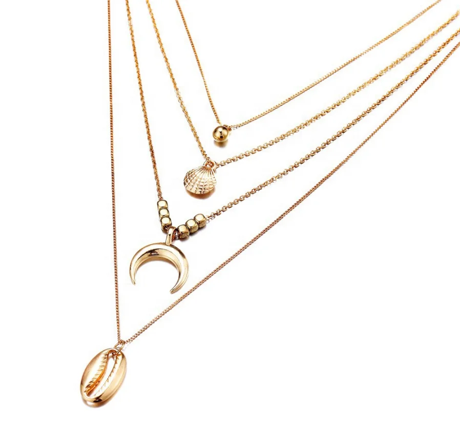 

High Quality Moon Pendant Collar Necklace Bohemian Shell Multi Layer Necklace long horns scallop pendant multi-layer necklace