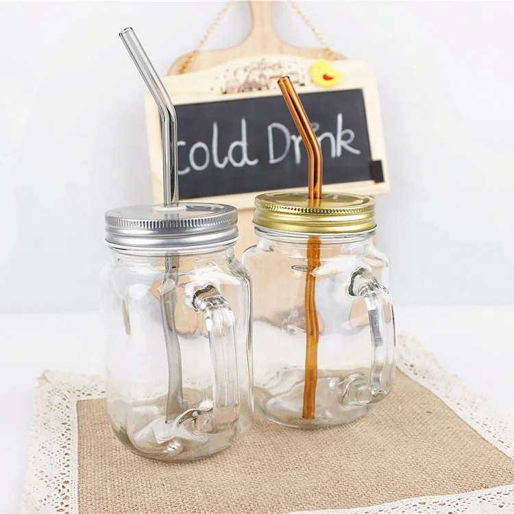 

Hot selling glass mason jar with handle tin lid and straw for juice drinking 450ml, Clear transparent