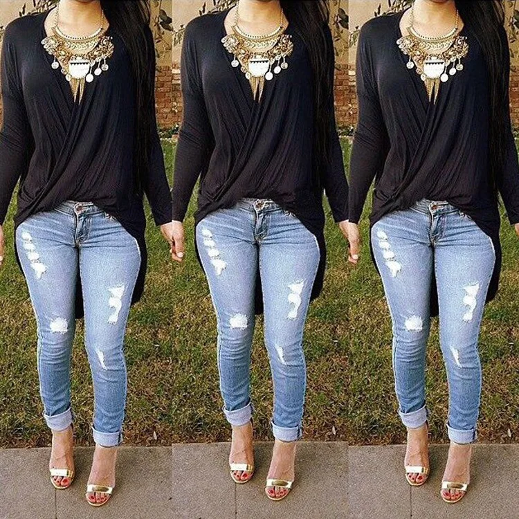 

WW-0861 After deep v-neck irregular short before long long sleeve T-shirt black coat v neck black long sleeve t shirt women top, Customized color