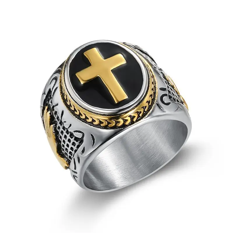 

HIPHOP Jewelry Titanium Ring Stainless Steel Color Preservation Vacuum Gold Plated Cross God's Hand Men For Rings