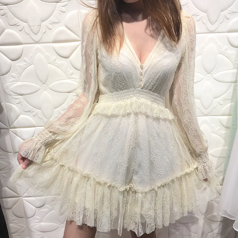 

2020 New Style fashion deep V dress lace dress with puff and long sleeve sexy hollow out women jumpsuit