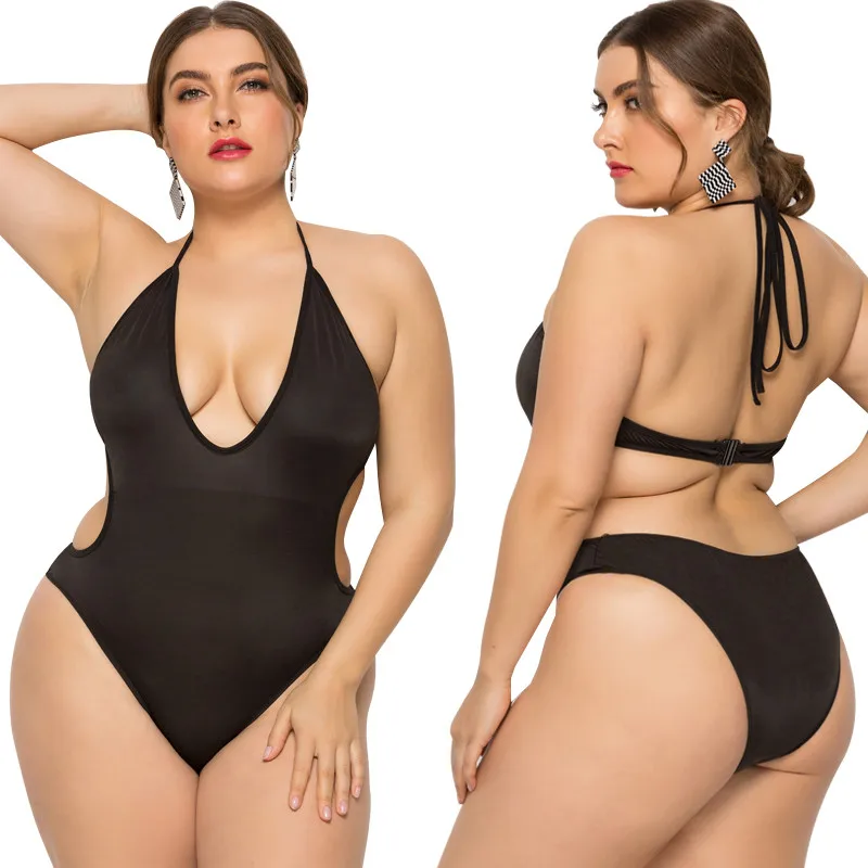 

Wholesale Name Brand Black Swimsuit Plus Size Onepiece Fat Women Super Size Bikinis Sexy Low Cut V-Neck Swimwear For Fat Women, Picture showed