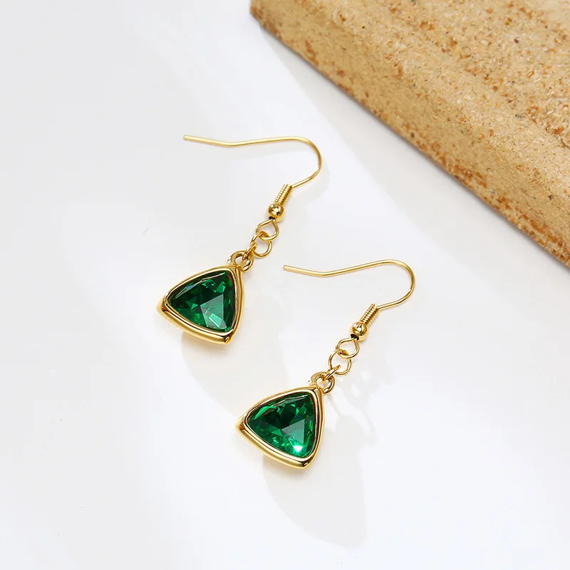 

ORDRM statement geometric long women dangle elegant sparkling triangle jade green gemstone stainless steel drop earrings
