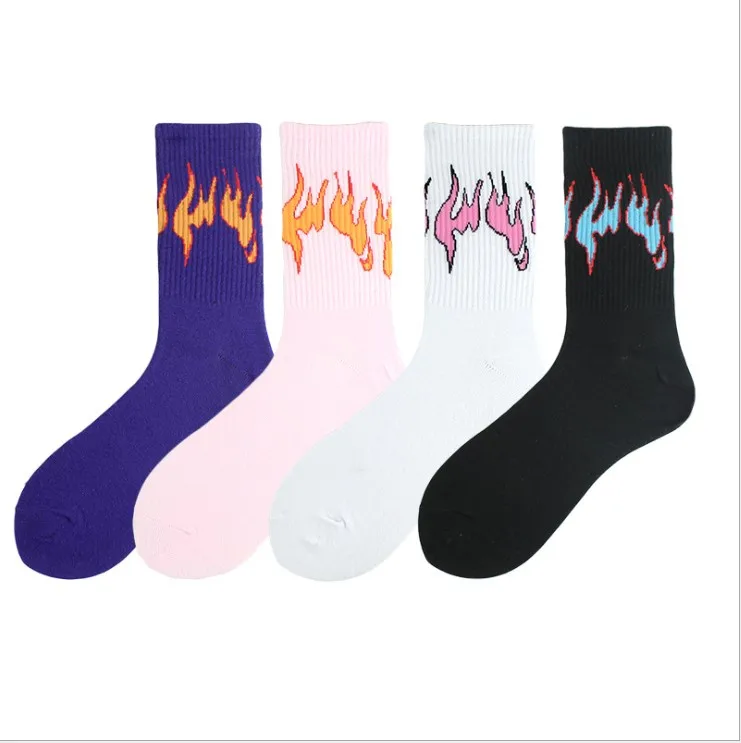 

New Fashion Flame Men and Women Socks Cotton Pink Black Fire Harajuku HipHop Skateboard College Style Funny Happy Girls Sockings