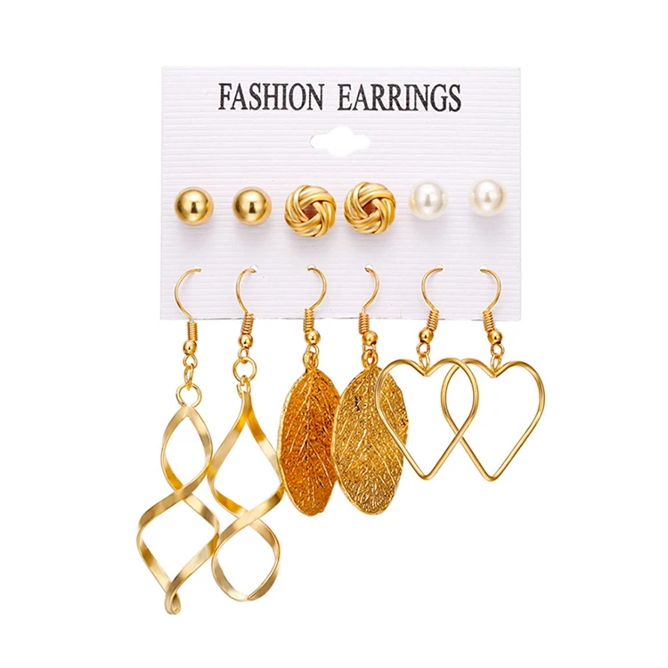 

Elegant Gold Color Metal Leaf Heart Geometric Stud Earring Women Girl Fashion Party Jewelry Pearl Earring Set