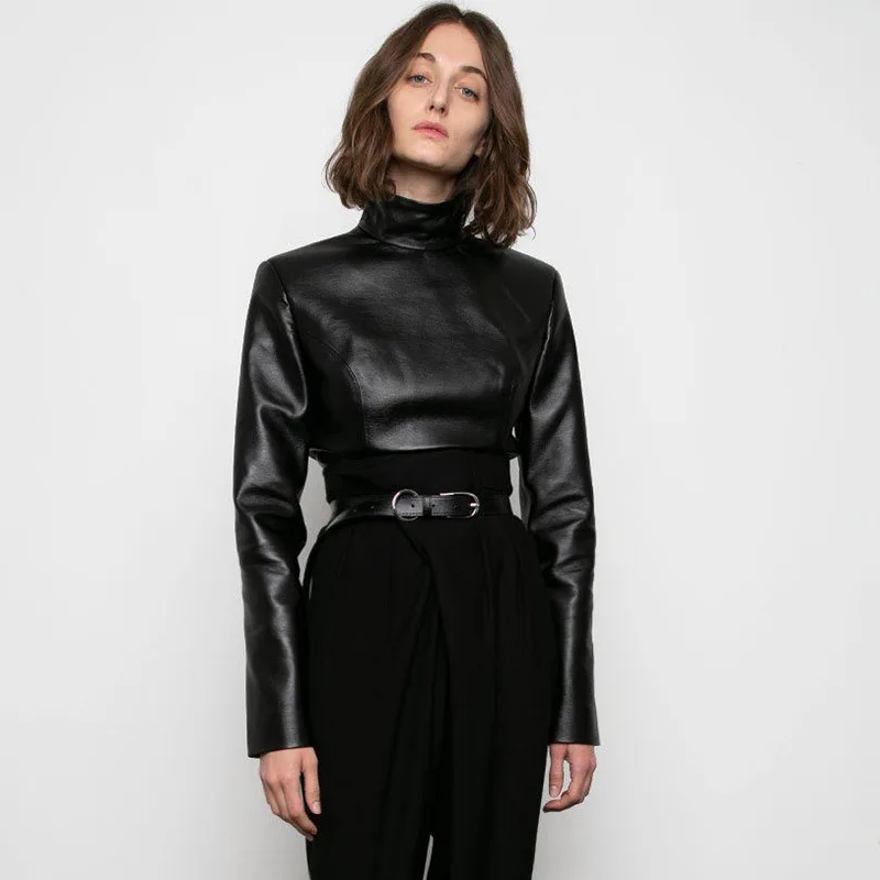 

Good Price Wholesale Summer Fashion Casual Women's Tank Faux Leather Crop Tops, Black