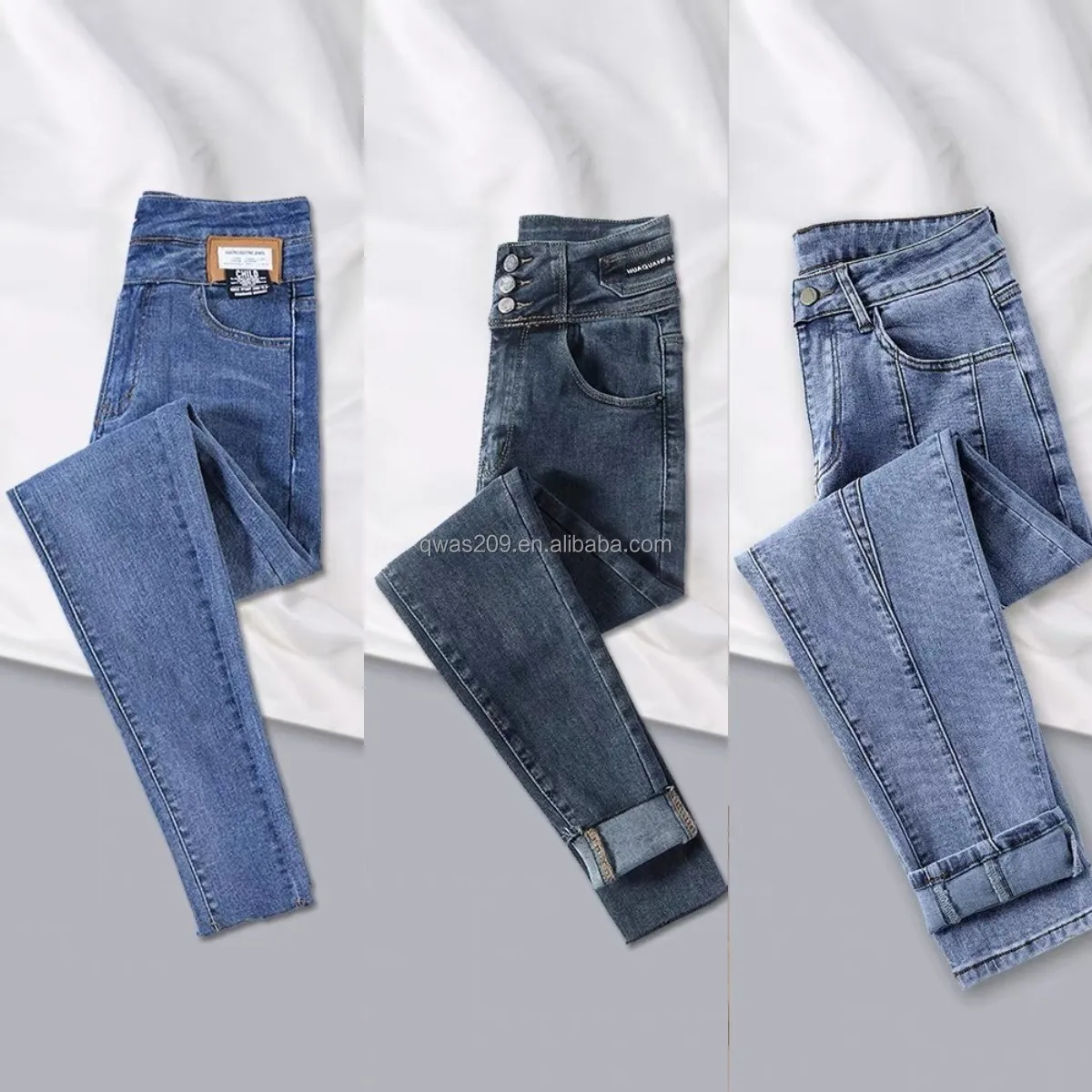 

Women's high waist slim stretch jeans with large size and small feet