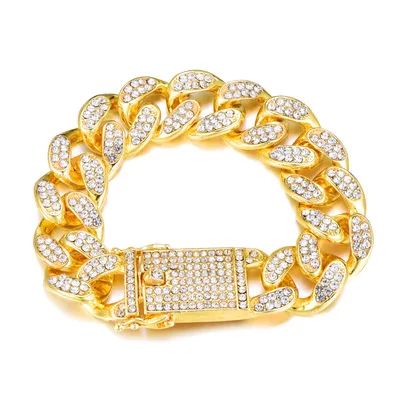 

Hip Hop Iced Full Crystal Rhinestone Cuban Link Chain Bracelet 20mm Wide Gold Plated Full Diamond Cuban Chain Bracelet for Men