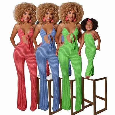 

2021 Spaghetti Strap Mommy And Me One Piece Jumpsuit Onesie Pajamas Parent Child Clothes Mommy And Me Outfits, 7 colors