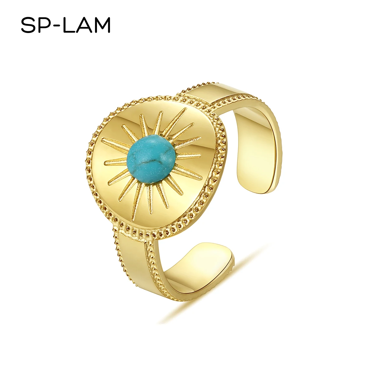 

SP-LAM Adjustable Trendy Rings Free Shipping 2021 Metal Gold Plated Stainless Steel Turquoise Ring