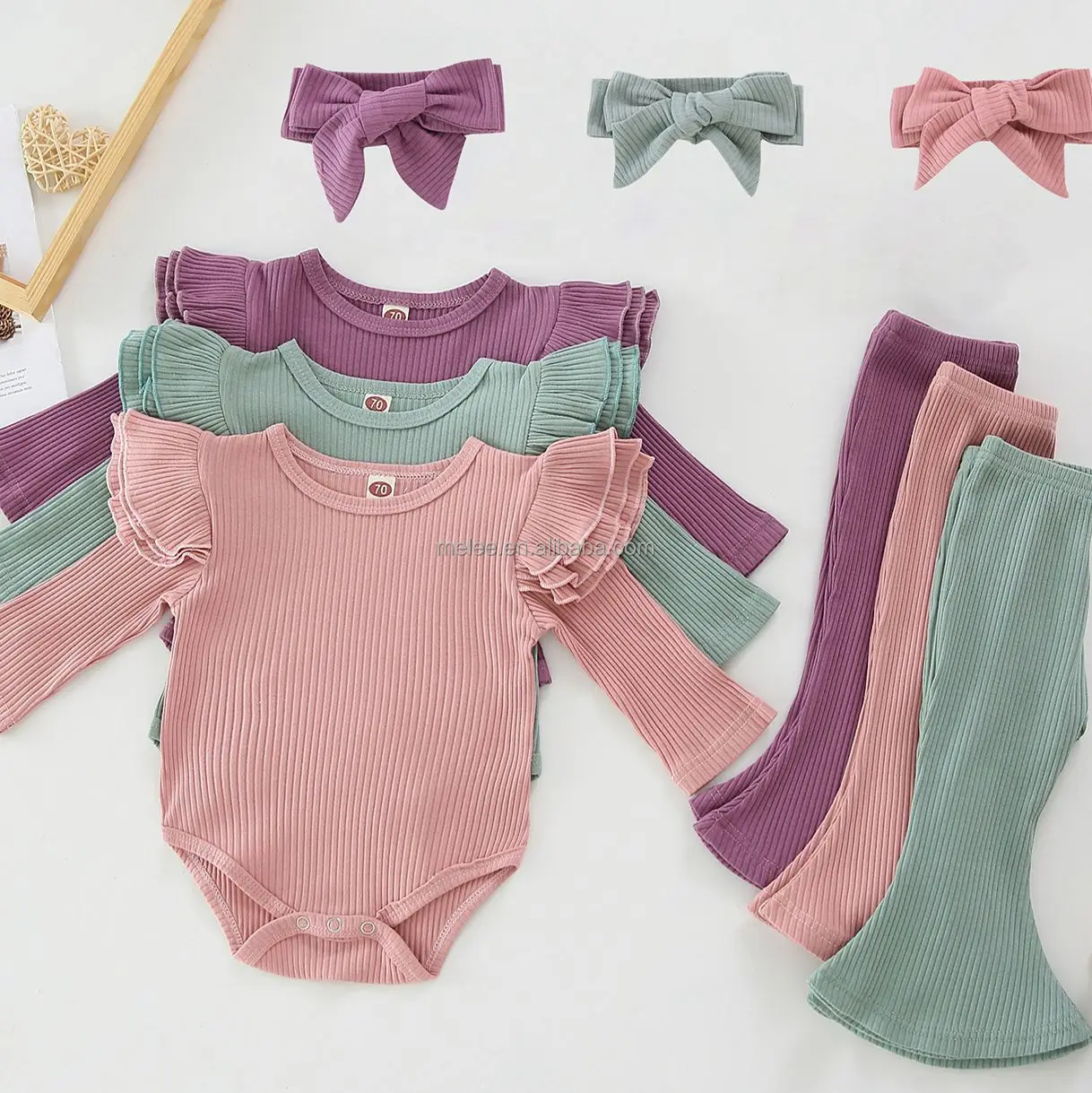 

Y108038 Autumn ribbed cotton boutique clothing outfit flutter sleeve baby rompers girls kids flared pants 3 pieces sets