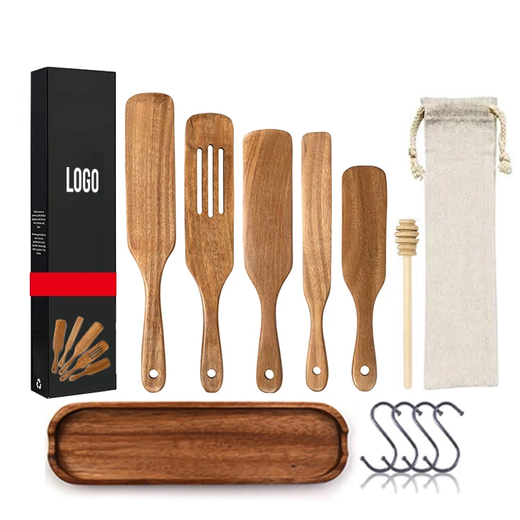 

Amazon Hot Selling Custom Logo 4-Piece 5-Piece 8-pieces Natural Teak Acacia Kitchen Tools Wooden Spurtle Set for Cooking