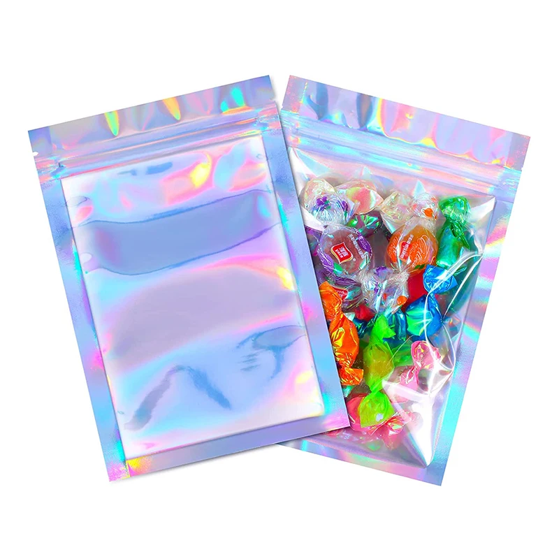 

custom logo transparent resealable Smell Proof holographic pouch holographic mylar bags