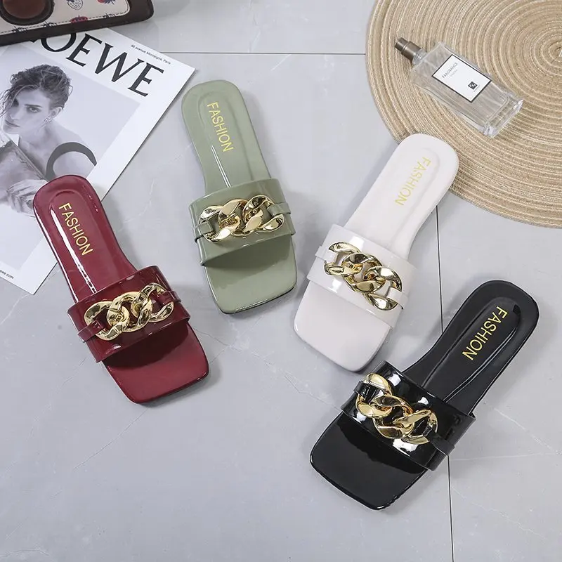 

New Arrival flat Fashion shoes Square head metal chain Slipper beach slides Luxury Female Slippers Women Sandals, White, green, black, wine red