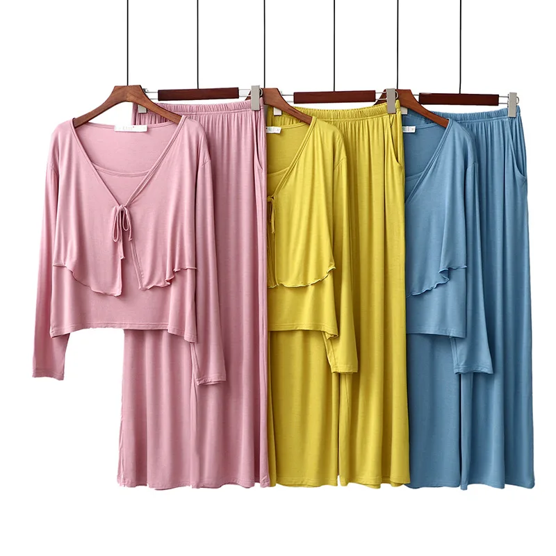 

JULY'S SONG Spring Autumn Modal Loungewear 95% Viscose Women Pajamas Sets Simple Solid Long Sleeve Female Sleepwear Homewear, Pink yellow blue