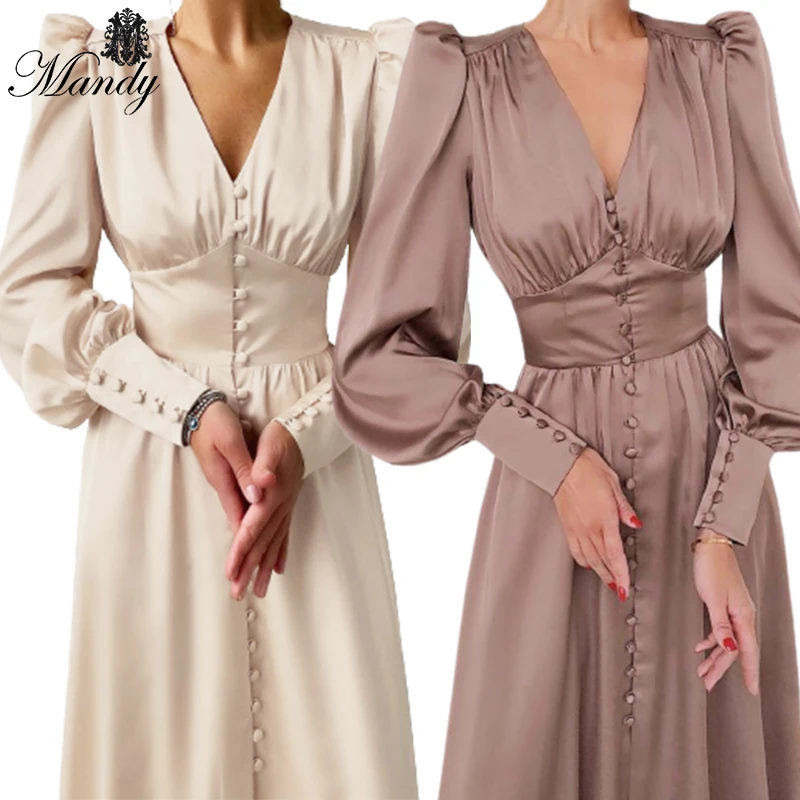 

2021 Satin Elegant Slim Lantern Sleeve Design Dress For Women