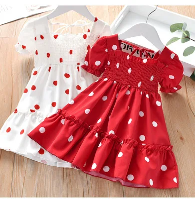 

B54474A 2021 Summer new kids dress little girls sweet ruffled dress, Red/white