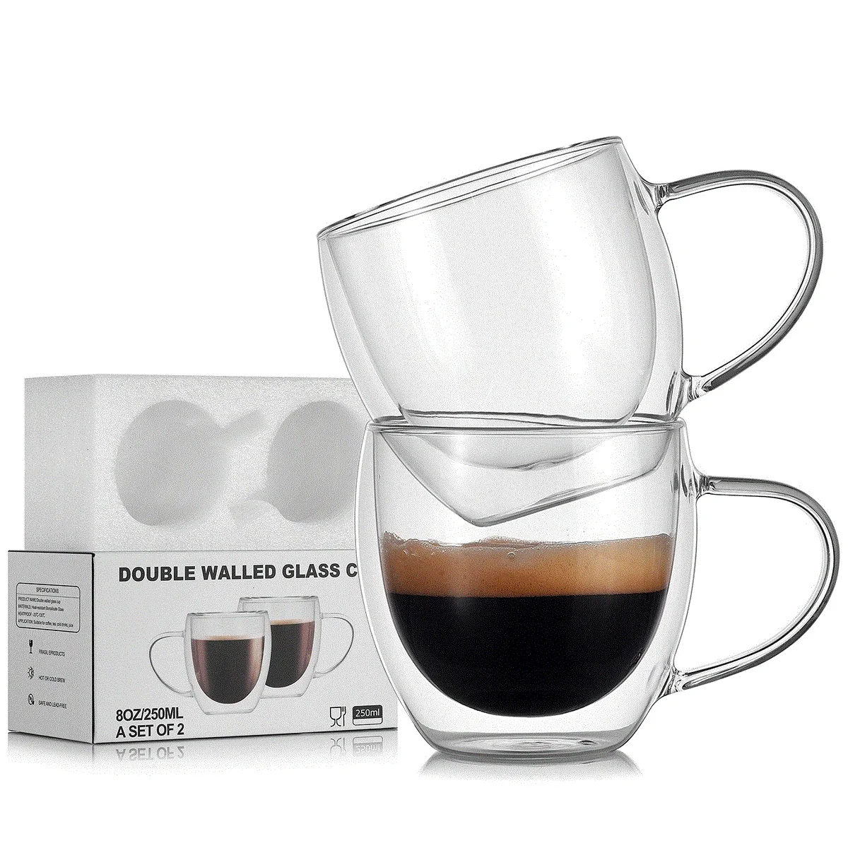 

8oz High borosilicate double glass coffee cup set for milk juice cup, Clear