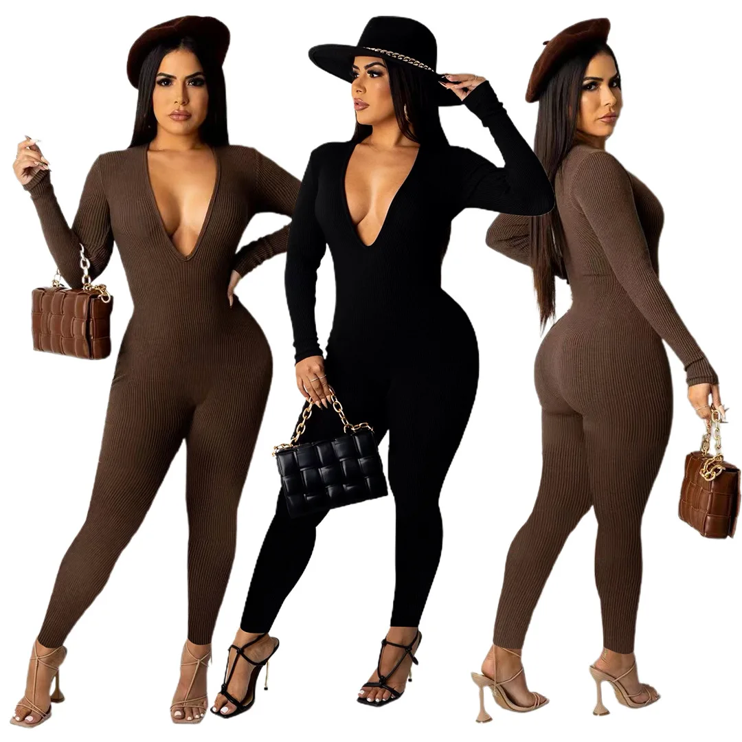 

Plus Size Fashion Women Solid Zipper Jumpsuit Street Long Sleeve Jumpsuits bodysuit playsuit One Piece Overall Fashion Clothing, Black/coffee