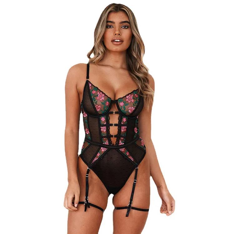 

European American High-Quality Craft Flower Embroidery Complex Breasted Decoration Stitching Sexy Underwear Suspender Bodysuit