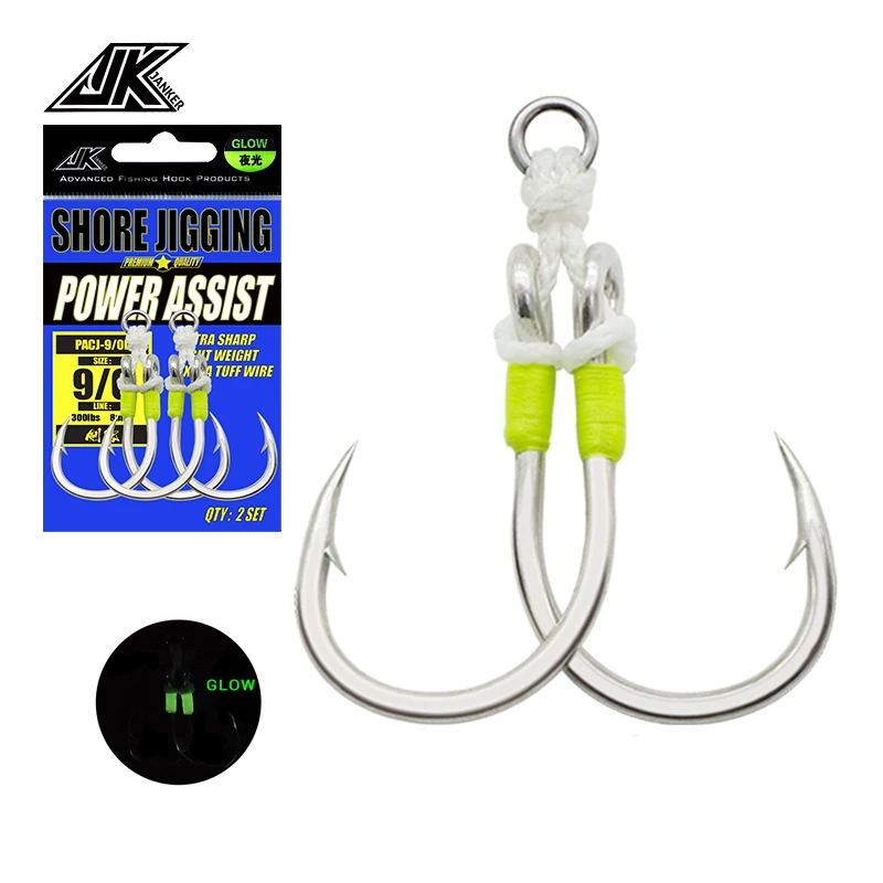 

JK PACJ Power Jig Fishhook Feature Luminous High Strength Anti-Rust Heavy Duty Bass Single Barbed Twin Assisted Hooks Fishing