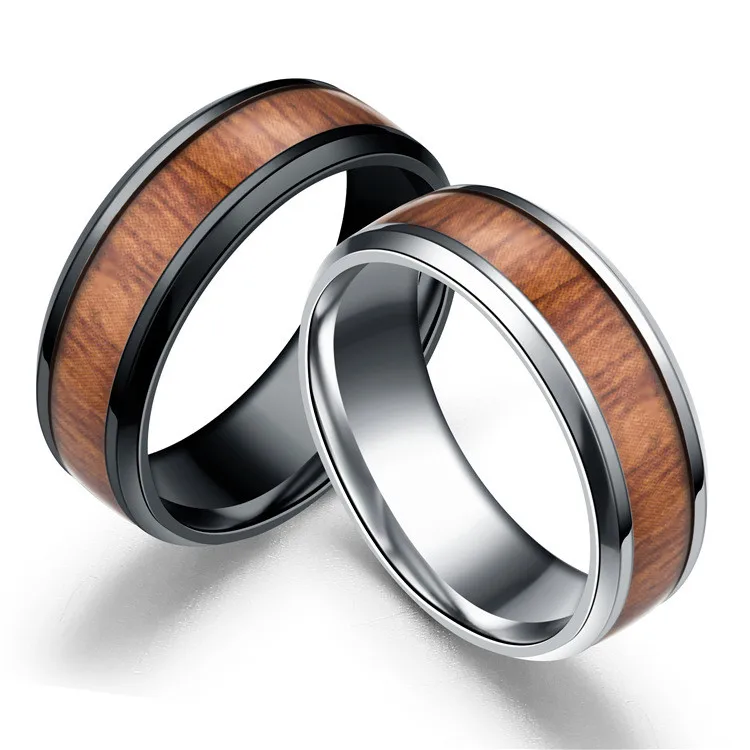 

Hot Selling Customized 8MM Stainless Steel Personality Natural Enamel Wood Grain Inlay Men Rings, Silver,black