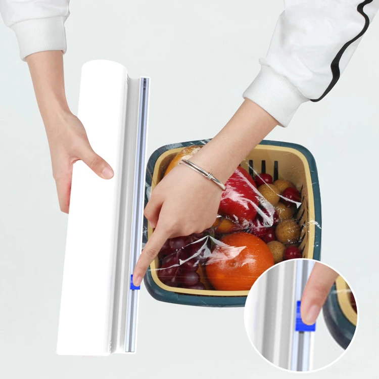 

Portable Easy Roll Box Preservative Cling Film Shelf Slide Cutter kitchen household items, White or customized
