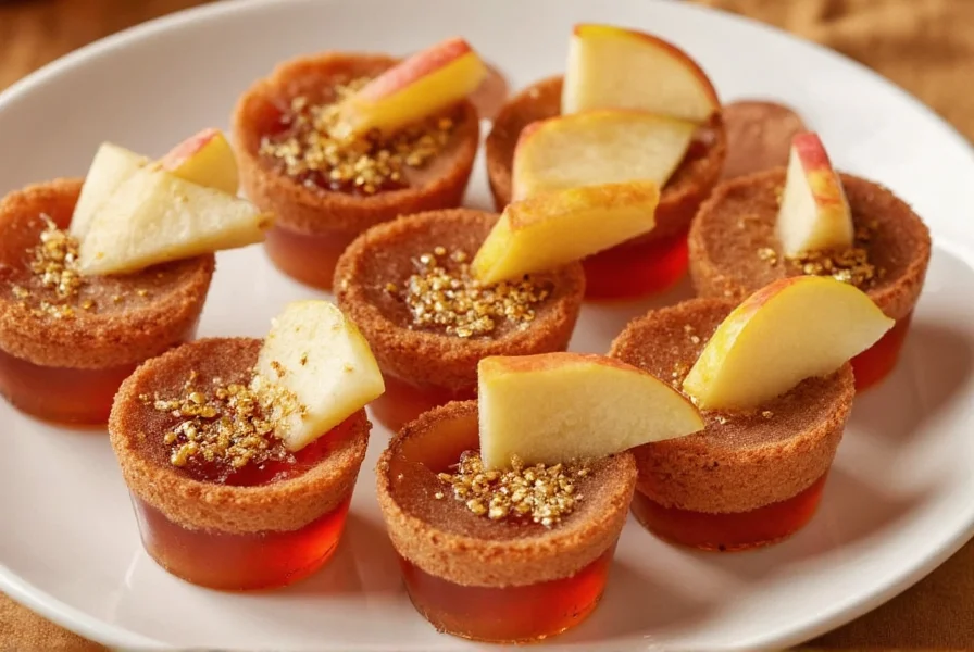 Variety of cinnamon whiskey jello shots with different garnishes including cinnamon sugar rim, apple slices, and edible gold flakes