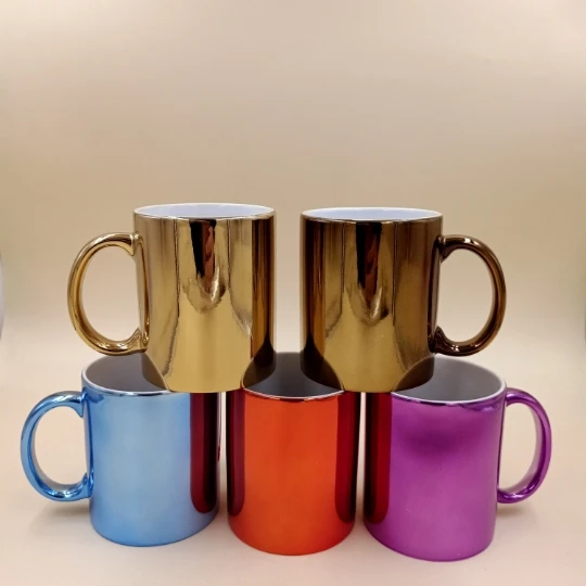 

Wholesale custom Sublimation 11 oz ceramic gold Plated coffee Mirror Mugs with Metallic Lusters electroplated glaze, Red, yellow , blue , green , orange, pink