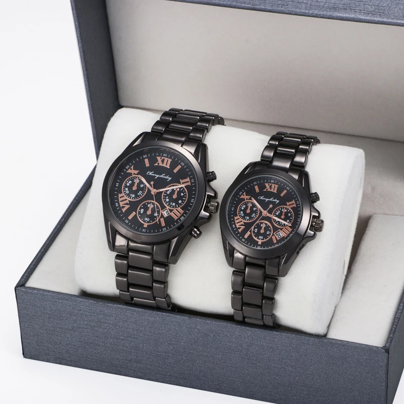 

New couple lover alloy steel band Watch Roman digital time calendar quartz watch