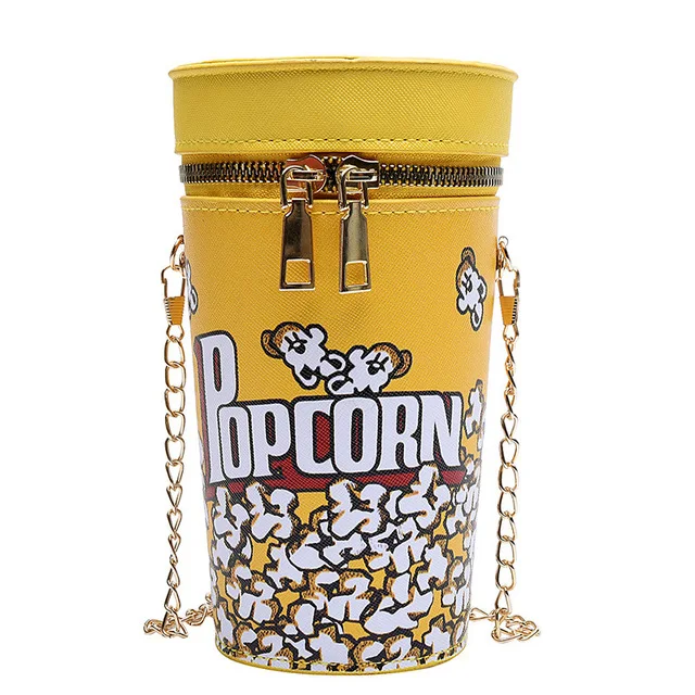 

Creative Funny Popcorn Drink Cylinder Bag Women Solid Chain Shoulder Bucket Bag Personality Young Girl PU Leather Crossbody Bag, Customizable