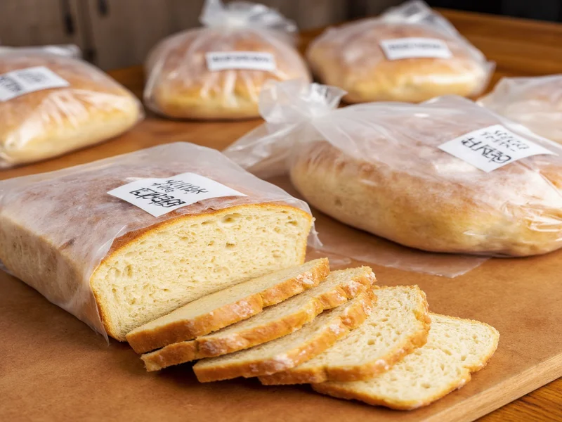 Sliced homemade bread wrapped for freezing in labeled bags