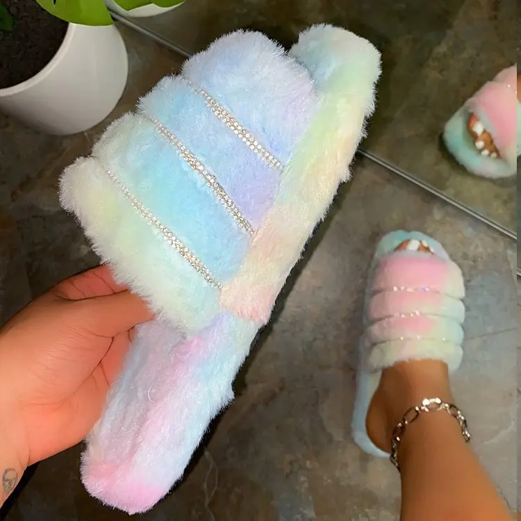 

2020 end of the summer new fur diamond platform cheap discount price all size jelly women fur slides, White,green,colorful,pink