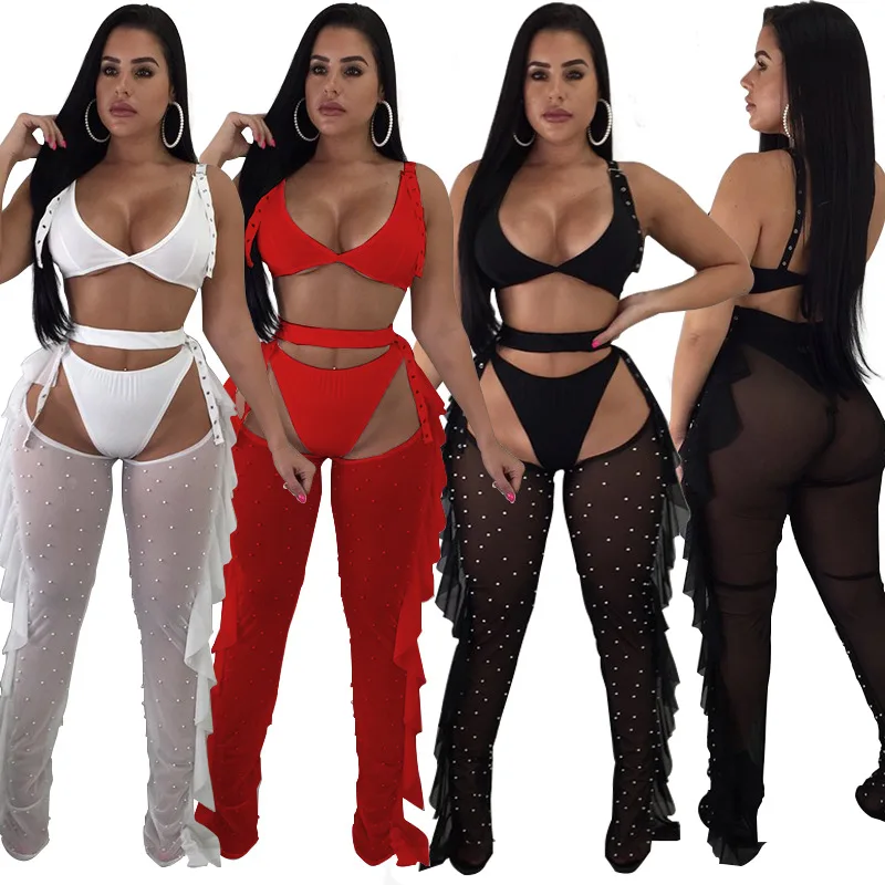 

Wholesale Sexy Solid Color Mesh Ruffles Hem Beading Three Pieces Set Woman Bodysuit Bikini Jumpsuit Club Wear Rompers