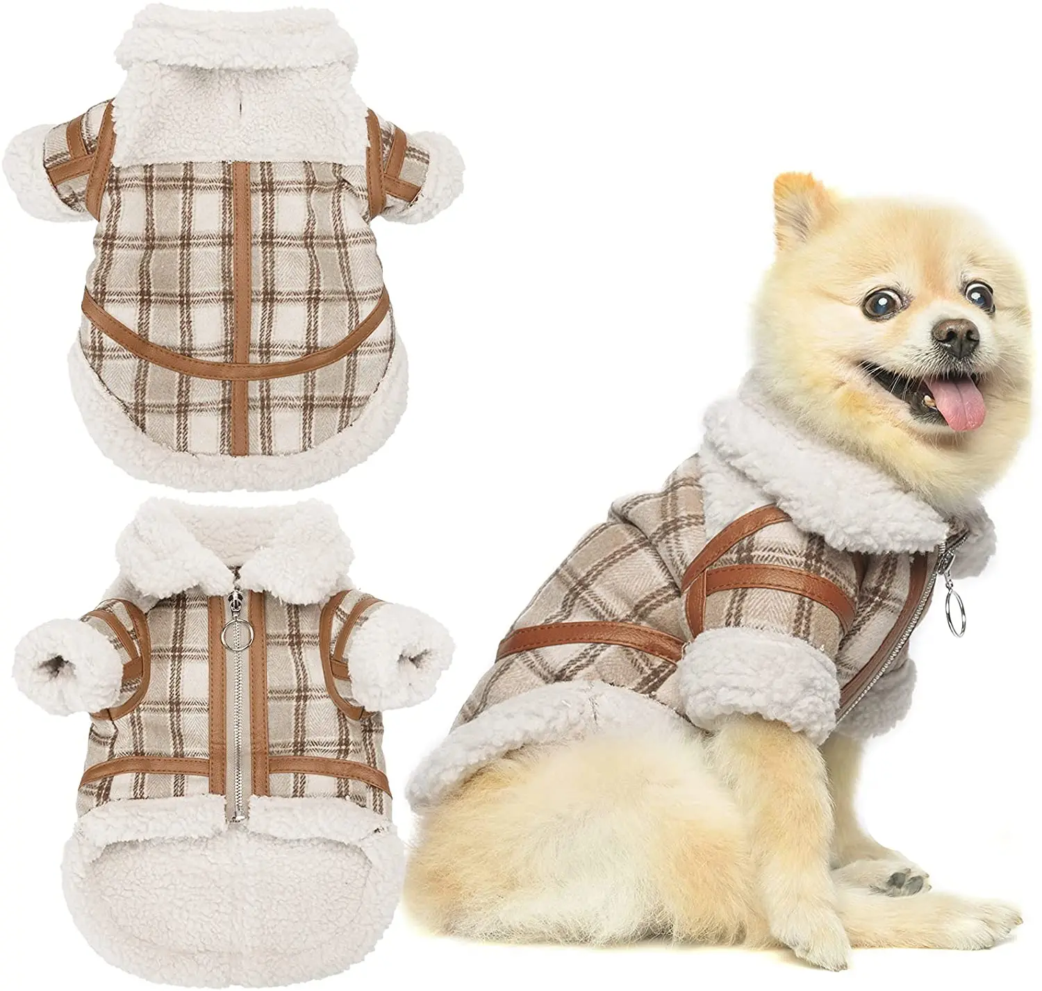 

Plaid Lamb Wool Soft Warm Dog Jacket Windproof Cold Weather Dog Clothes Pet Apparel for Small Medium Dogs, As picture