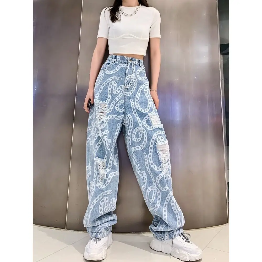 

High Waist Wide Leg Pants Rripped Hole Pants Loose Straight Leg Jeans For Women, Blue