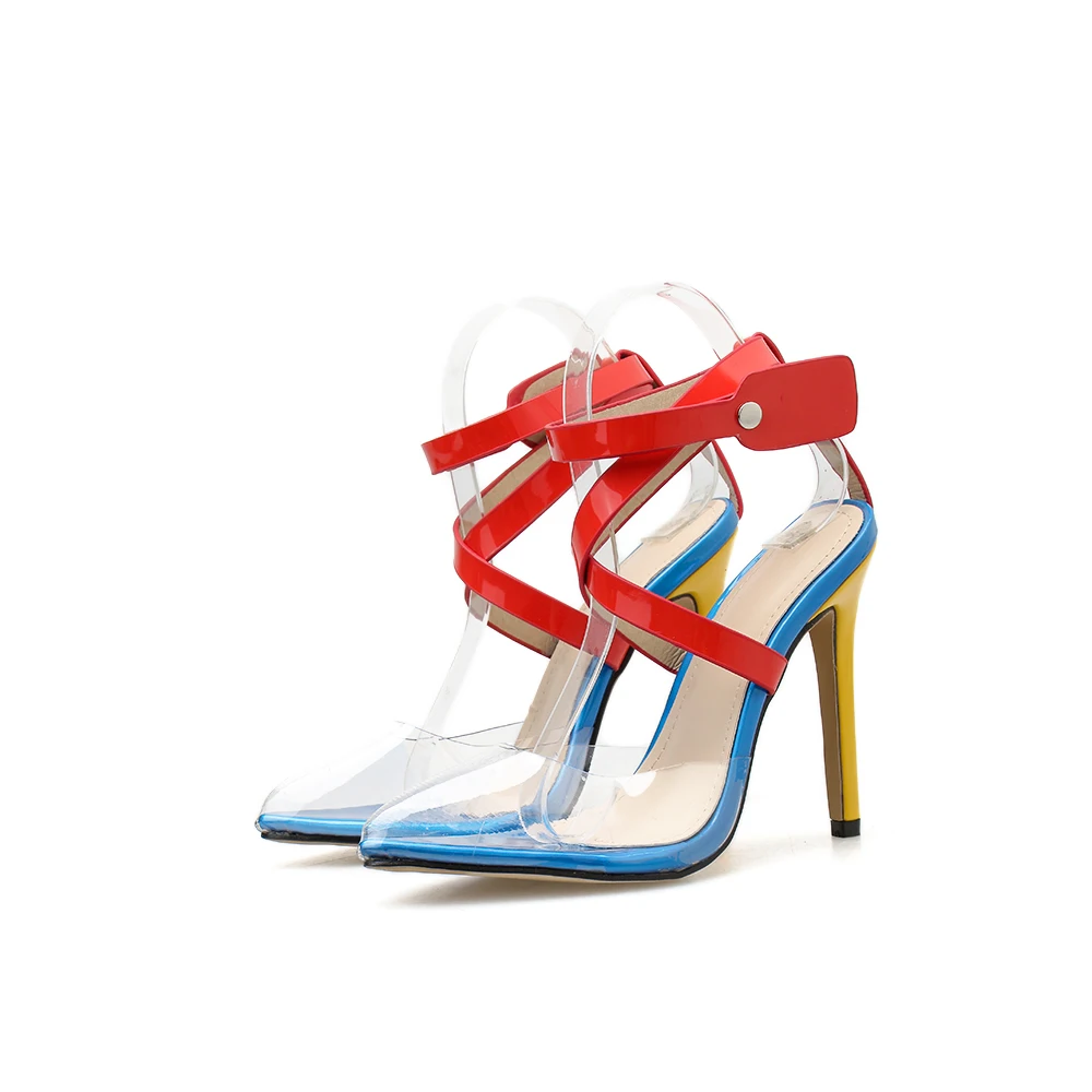 

100511New Style Pointed Toe PVC Clear Heels Stiletto High Heels Women Sandals Fashion Ankle Strap Pumps Women's Shoes, Black;multicolor