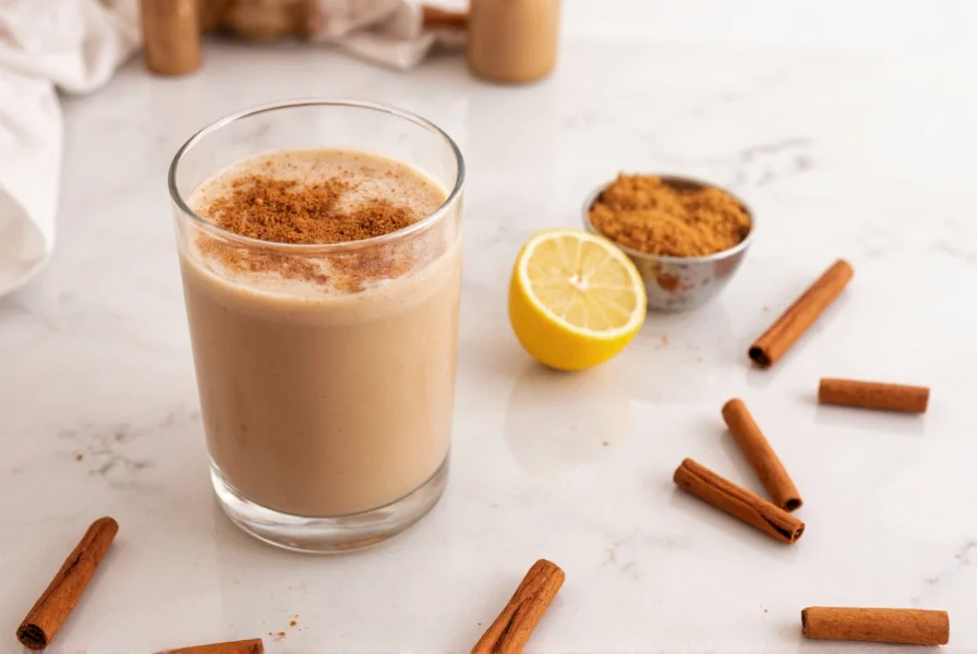 Three glasses of cinnamon drinks on wooden table with cinnamon sticks and powder visible