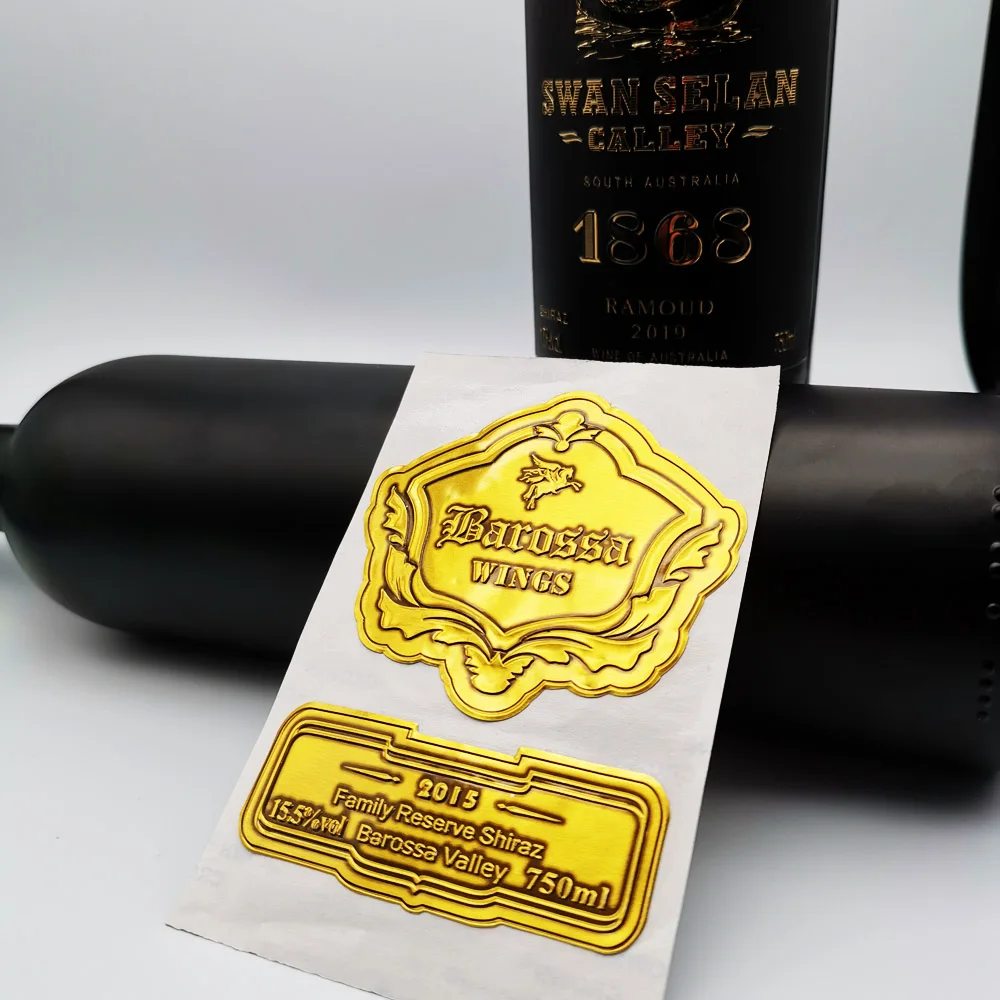 

Custom logo luxury embossed metal sticker personalized wine bottle label aluminum foil beer neck labels