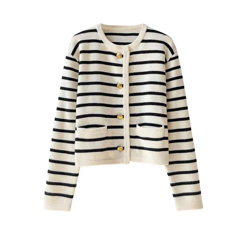 Boutique Wholesale 2026 Autumn New Striped Round Neck Knitted Loose Short Women's Sweater