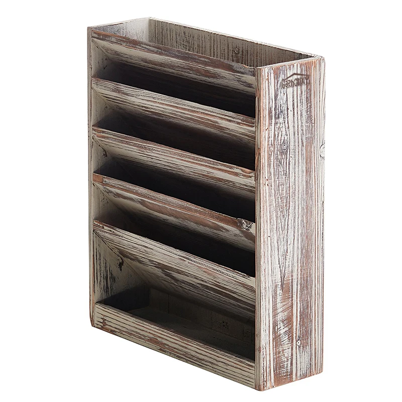 

GARHOMXY 5 Slot Rustic Torched Wall Mounted Wood Magazine Rack, Natural