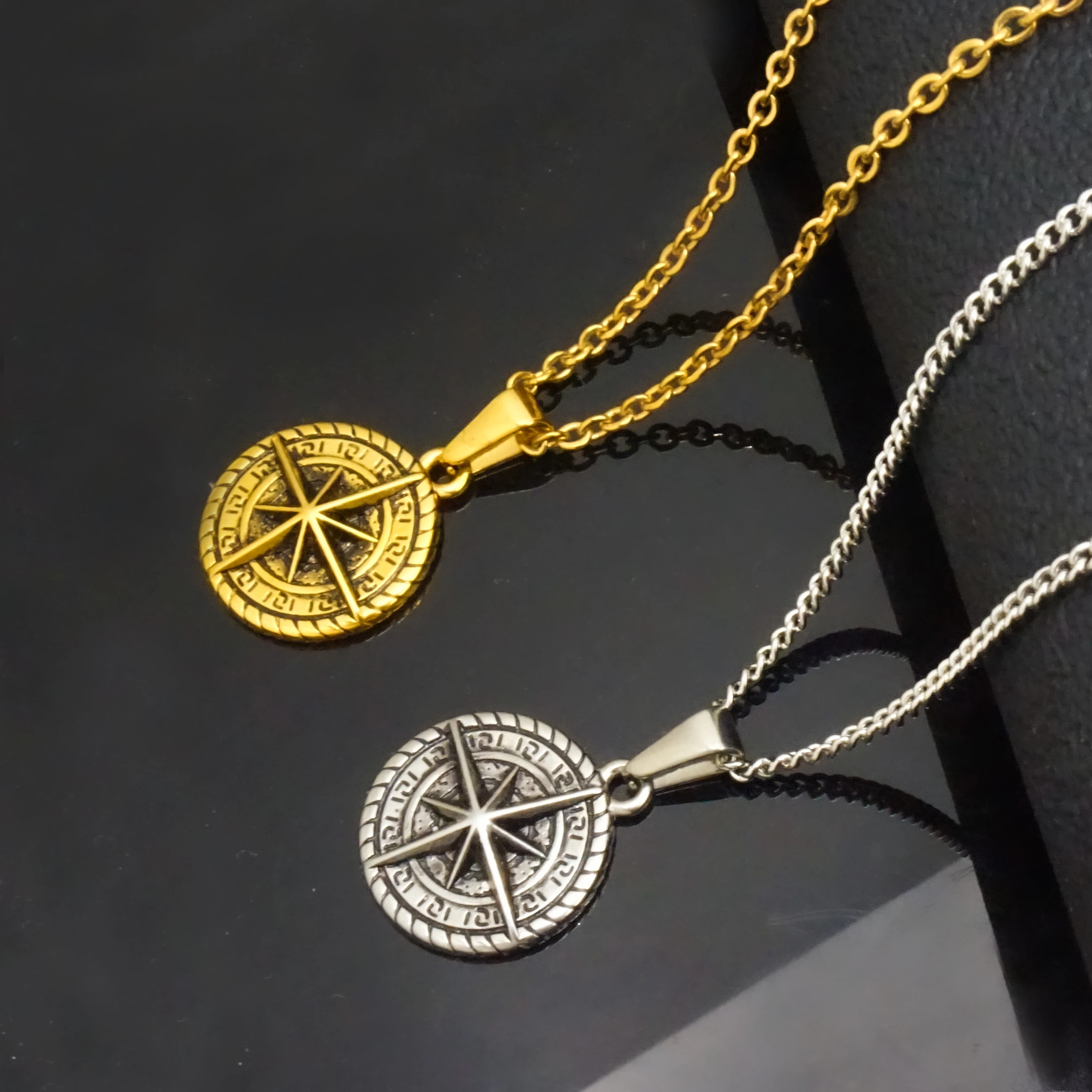 

Wholesale Stainless Steel Jewelry Hip hop Punk Custom Design Compass Polaris Pendant Necklace Stainless Steel Necklace for Men