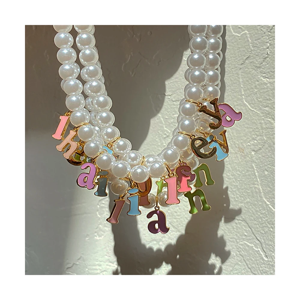 

New Custom High Quality colorful 26 letter Enamel Pendant Beaded pearl Necklace for Women rainbow chain Fashion Jewelry 2022