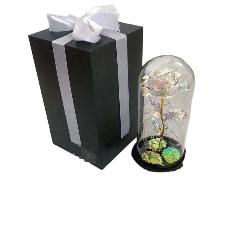 

A-1437 New Design Galaxy Rose Flower With Led Light In Glass Dome For Gift
