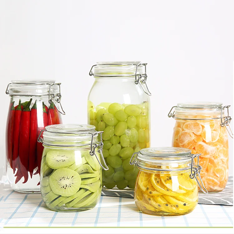 500ml-2L round airtight glass storage jar for snacks with clip top lid