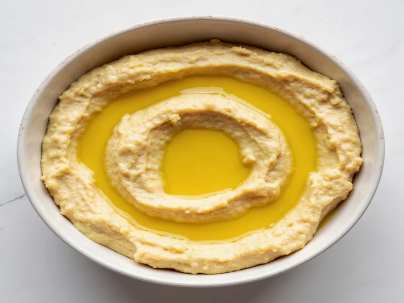 Creamy garlic hummus in bowl with olive oil drizzle