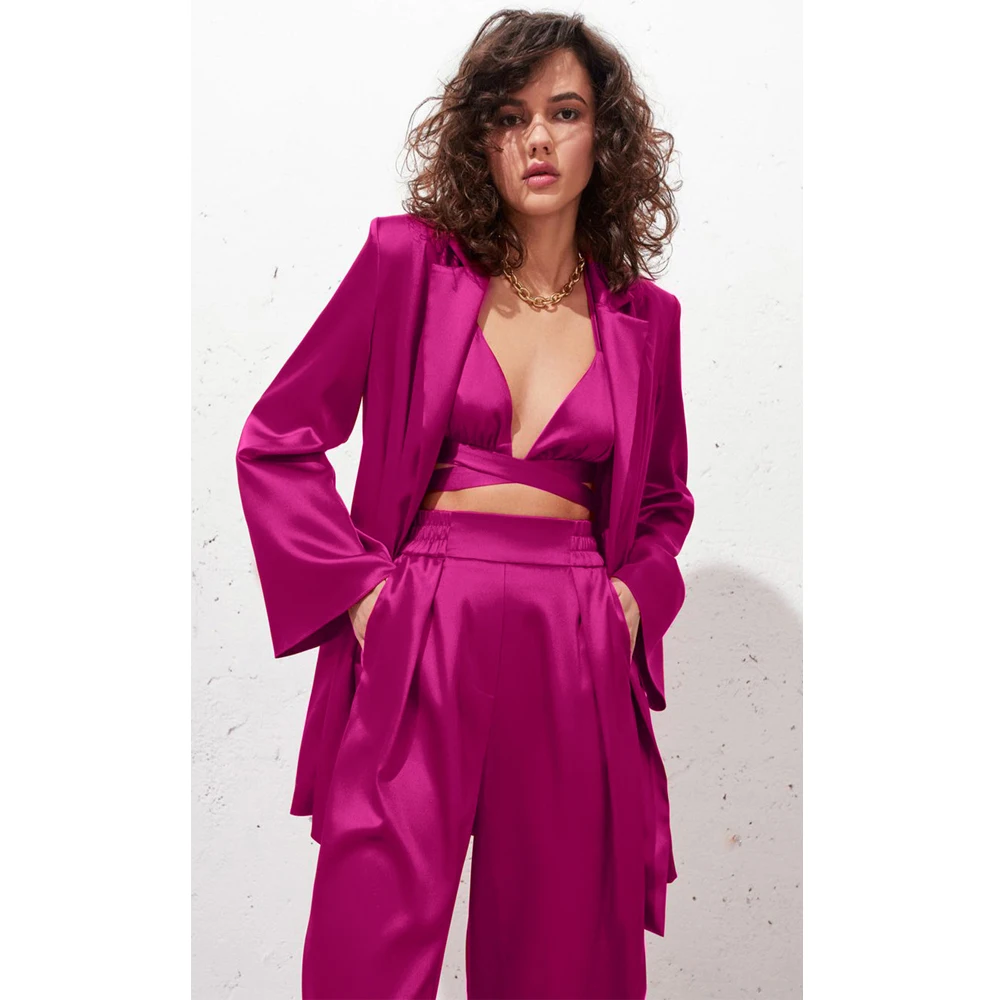 

2021 Fall New Arrival Satin Women Blazers Crop Halter Bra And Long Pants 3 Piece Sets, 2colors
