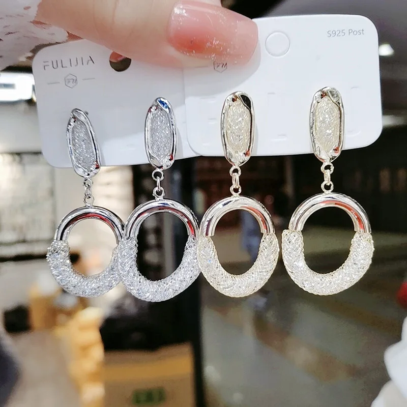 

2021 new designs bling fashion circle hoops crystal sliver gold drop long jewelry earrings women, As pic