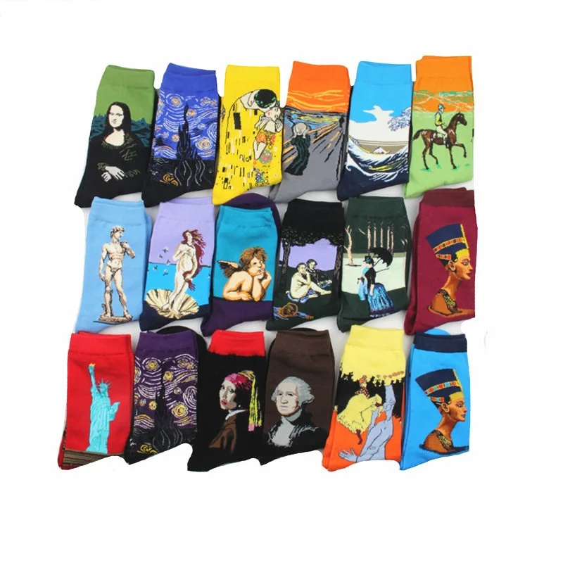 Vintage art abstract oil painting custom winter warm happy men's cotton socks
