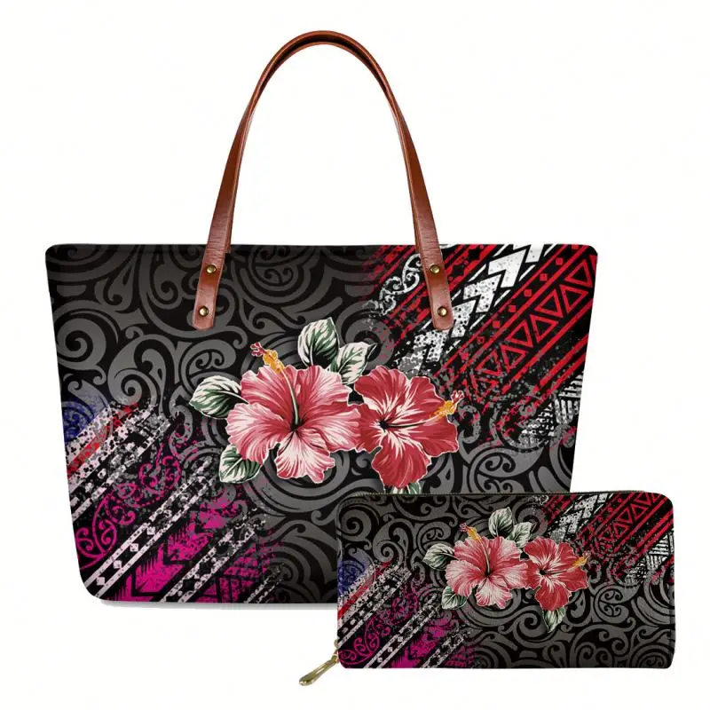 

2021 OEM Ladies Neoprene Handbags Sets Women Bags And Purse Hawaii Polynesia Flowers Printed Luxury Handbags For Women Custom